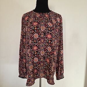 Loft Women's Multicolor Geometric Printed Keyhole Blouse Top Size M